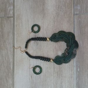 3 Piece Green Beaded Statement Necklace and Earring Set